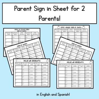 Preview of Sign-in Sheets for 2 Parents for Back to School /Open House in English & Spanish