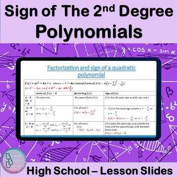 Preview of Sign of The 2nd Degree Polynomials | High School Math PowerPoint Lesson Slides