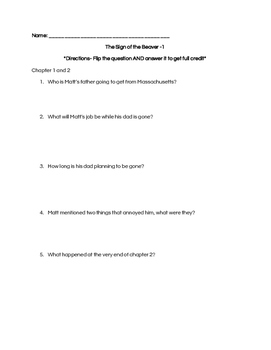 Preview of Sign of the Beaver comprehension questions