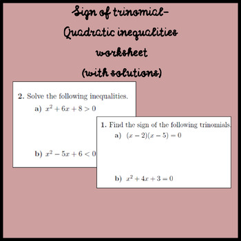 Preview of Sign of trinomial-Quadratic inequalities worksheet (with solutions)