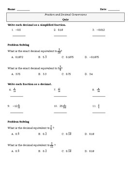 Preview of Signed Fractions and Decimals Conversion Quiz