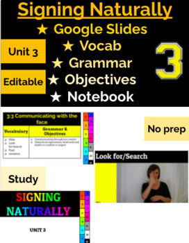 Preview of Signing Naturally - Unit 3 Google Slides! VOCABULARY | GRAMMAR | OBJECTIVES