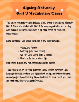Preview of Signing Naturally Unit 3 Vocabulary Flash Cards