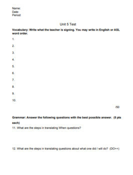 Signing Naturally Unit 5 Final Test And Answer Key By I Think I Can Pah