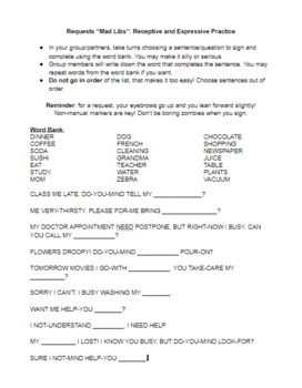 Preview of Signing Naturally Unit 8 Requests “Mad Libs”: Receptive and Expressive Practice 