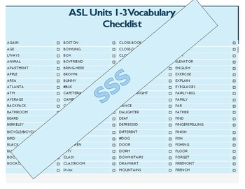 Preview of Signing Naturally Units 1-3 Vocabulary Checklist