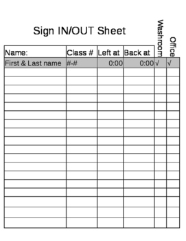 Preview of Signout Sheet for Bathroom/Office Visits