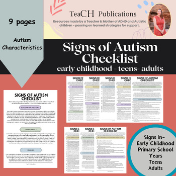 Preview of Signs of Autism Checklist - Early Childhood, Primary Years, Teens and Adults