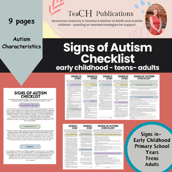 Preview of Signs of Autism Checklist - Early Childhood, Primary Years, Teens and Adults