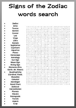 Signs of the Zodiac word search puzzles worksheets activity by Owl puzzles