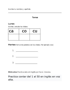 Preview of Sílabas para aprender espanol: Ca, co, cu