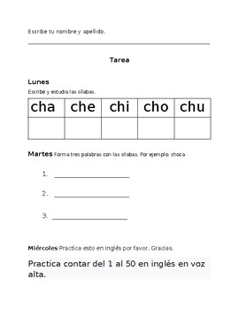 Preview of Sílabas para aprender espanol: cha, che, chi, cho, chu.