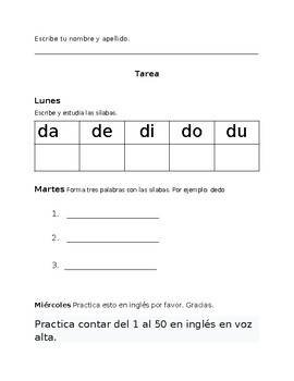 Preview of Sílabas para aprender espanol: da, de, di, do, du.