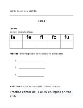 Preview of Sílabas para aprender espanol: fa, fe, fi, fo, fu.