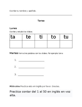 Preview of Sílabas para aprender espanol: ta, te, ti, to, tu.