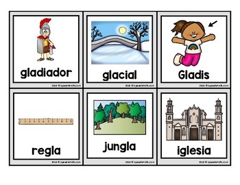 Silabas trabadas picture cards: gla gle gli glo glu by Spanish Profe