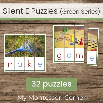 Preview of Silent E, CVCE Photo Word Puzzles (Montessori Green Series Reading Activity)