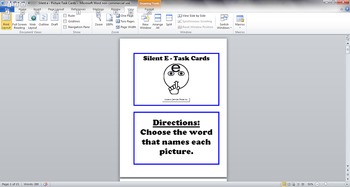 Preview of Silent E Picture Task Cards