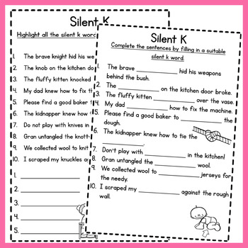 silent letter k worksheets by the support butterfly tpt