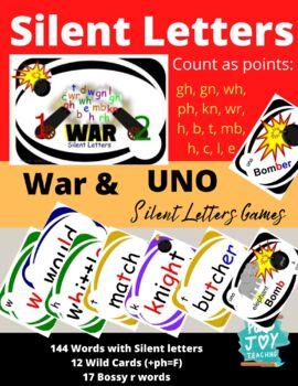 Preview of Silent Letter War and UNO card game, wh,  wr, gn, gh, b, t, l, e, c, d, mb, kn,