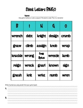 Silent Letters BINGO wr, kn, gn, mb, bt by "Pullen" Through the