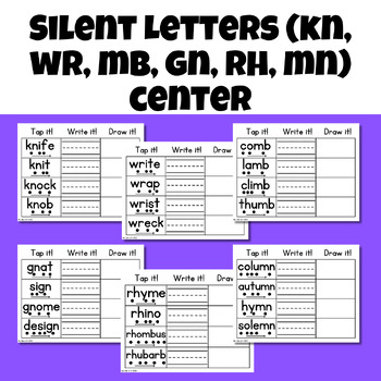 Preview of Silent Letters Phonics Center (Tap it, Write it, Draw it) - kn, wr, mb, gn, rh,