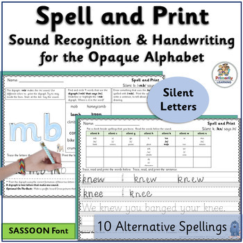 Preview of Silent Letters Spelling Activities & Printing Practice Worksheets - SASSOON Font
