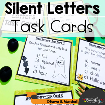 Preview of Silent Letters Task Cards October Word Work Center I kn, wr, gn, gh + silent h