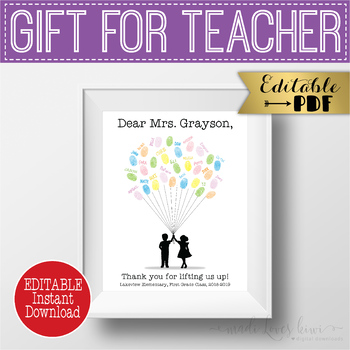 Preview of Balloon Fingerprint Thank You Gift - End of Year Teacher Appreciation Gift