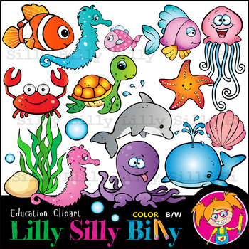 Silly Sea Creatures - B/W & Color clipart, illustration {Lilly Silly Billy}