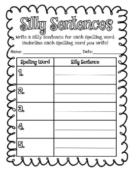 Preview of Silly Sentences: Spelling Practice Activity Sheet / Worksheet Printable