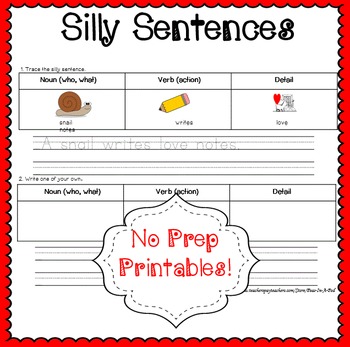 Preview of Silly Sentences with Pictures 1st Grade Sentence Writing Beginner ESL Worksheets