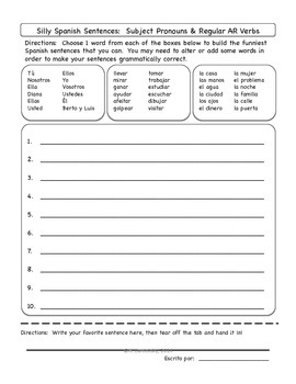 silly spanish sentence writing activities regular verbs by spanish