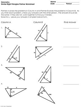 Similar Right Triangles Partner Worksheet by Mrs E Teaches Math | TpT