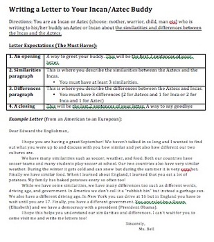 Preview of Similarities/Differences between Aztecs & Incas via Letter Writing and Rubric