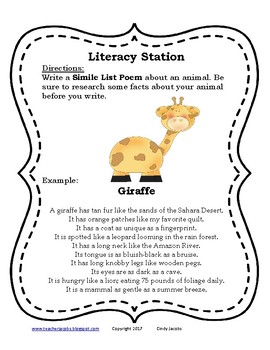 Simile List Poem Literacy Station by CINDY JACOBS | TPT