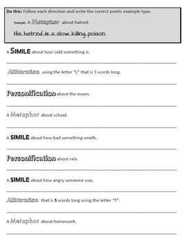 personification metaphor simile alliteration test worksheet packet grade subject