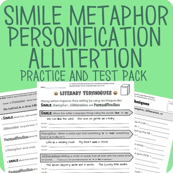 Preview of Simile, Metaphor, Personification, Alliteration Packet + Test (Digital Enabled!)