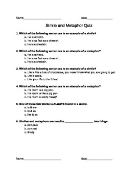 Simile & Metaphor Quiz by Sara Carchidi | Teachers Pay Teachers