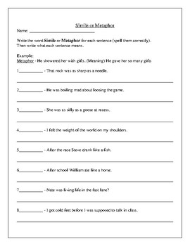 Simile / Metaphor Worksheet by Bob Marzola | Teachers Pay Teachers