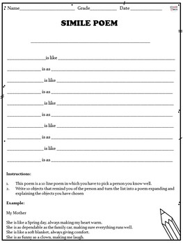 Simile Poem Template Poetry Writing Activity and Worksheet by SNAPPY DEN
