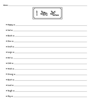 Simile Worksheet [I Am As...] by Kids and Coffee | TpT