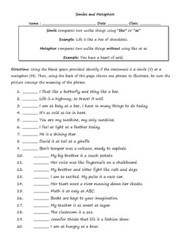 simile and metaphor practice with answer key by janann