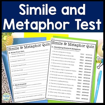 Preview of Simile and Metaphor Quiz {Simile and Metaphor Test} 2-Page Quiz with Answer Key