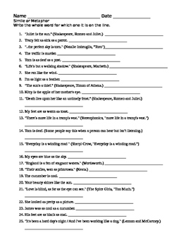 Preview of Simile and Metaphor Worksheet