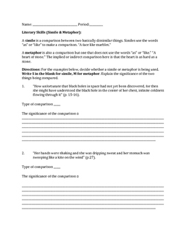 Simile and Metaphor Worksheet "Like Water for Chocolate ...