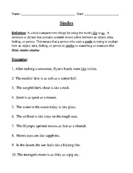 Preview of Similes: Definition, Examples, Worksheet, and Detailed Answer Key