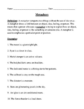 Preview of Metaphors: Definition, Examples, Worksheet, and Detailed Answer Key