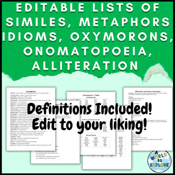 Preview of BUNDLE Similes, Idioms, Oxymoron & Other Figurative Language Editable Lists
