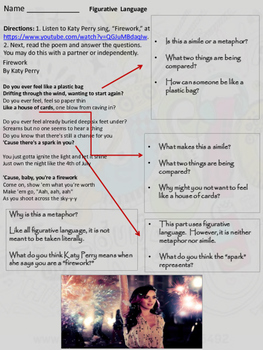 Preview of Similes, Metaphors, & Figurative Language in Katy Perry's song "Firework"